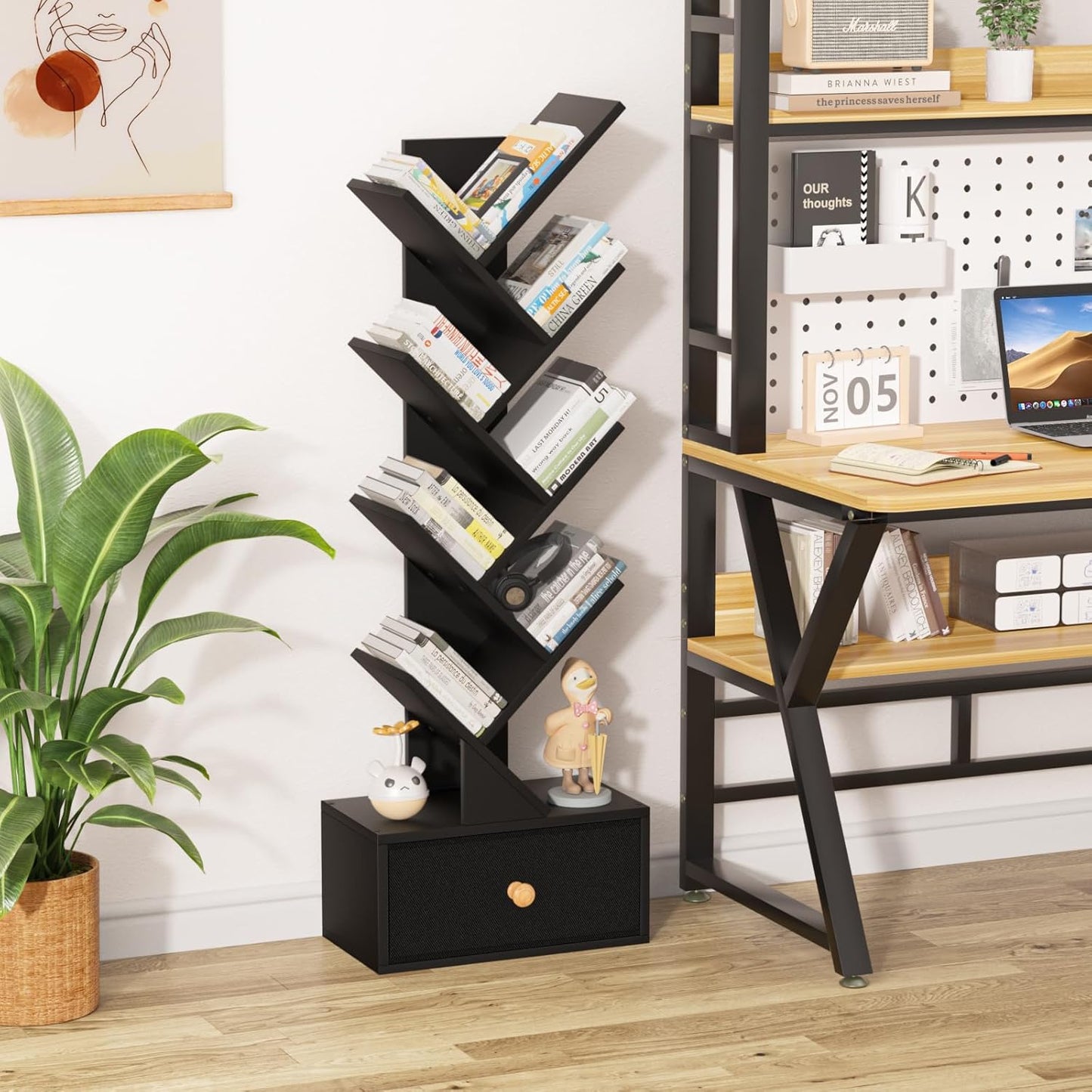 8 Tier Tree Bookshelf with Drawer, Free Standing Wood Bookcase for Living Room, Bedroom, Home Office, Space Saving Storage Organizer Bookshelves for Books, CDs, Vinyl Records- Black