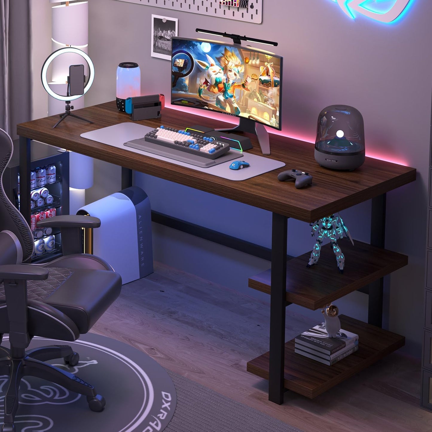 FOLUBAN Modern Computer Desk, Wood Home Office Desk, Study Writing Gaming Table Workstation with Storage Shelves for Living Room Bedroom, Rustic Walnut, 53 Inch