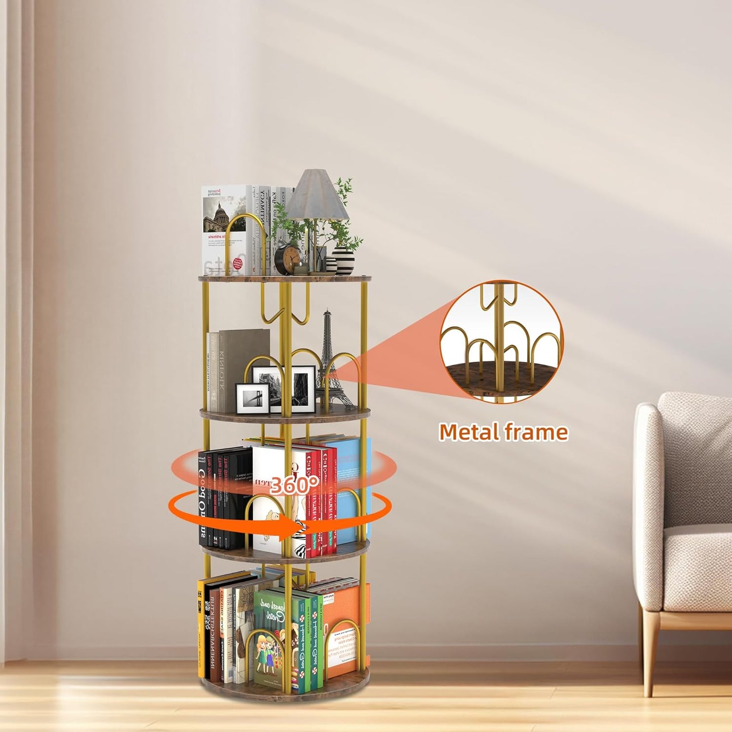 3 Tier Rotating Bookshelf, 360° Spinning Bookshelf Tower, Round Narrow Space Saving for Books and Display, Revolving Bookcase Corner Tall Book Shelf for Small Spaces, Bedroom, Living Room, Gold
