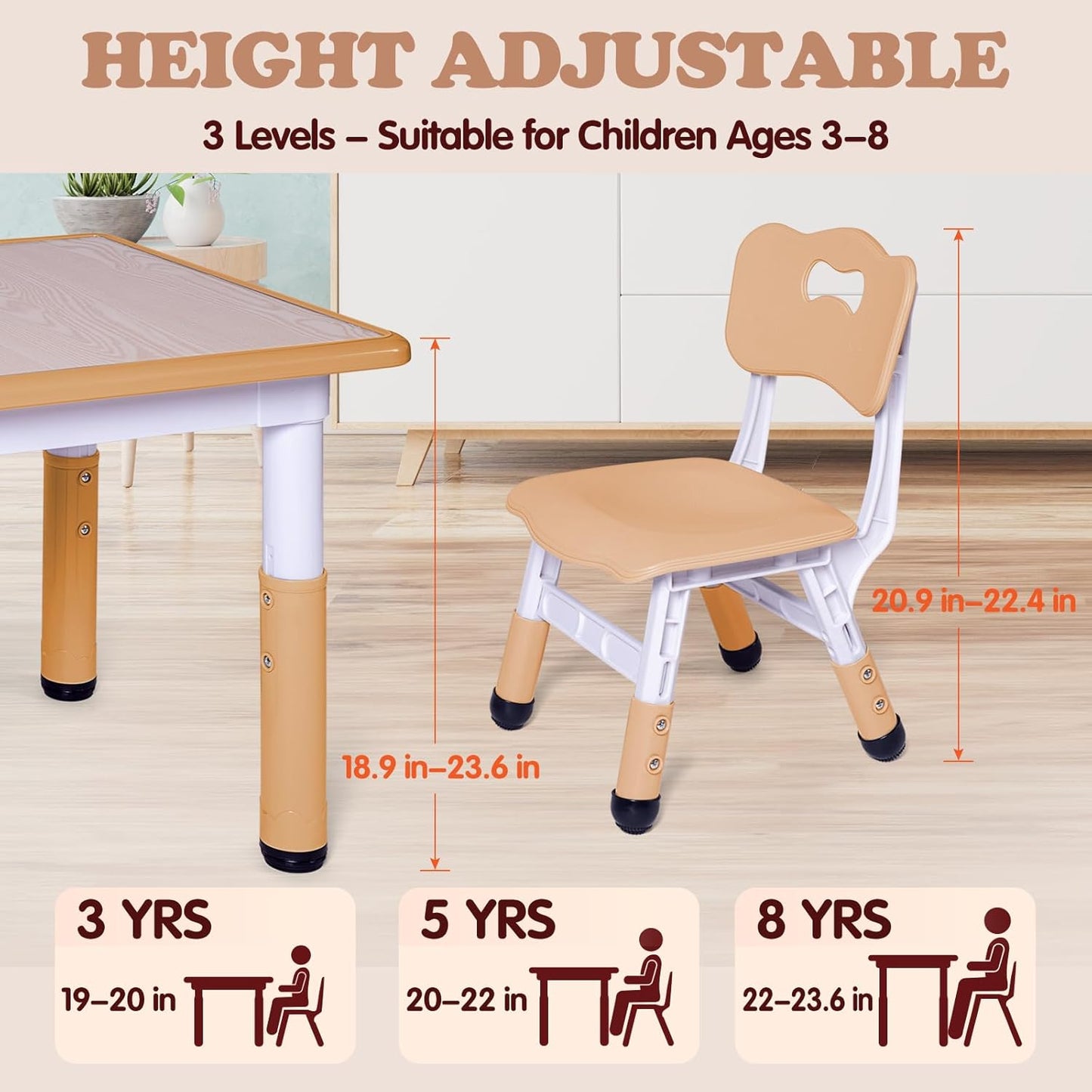 Kids Table and 2 Chairs Set, Height Adjustable Toddler Study Table and Chair Set, Kid Size for Ages 3-8 Children, Graffiti Desktop, Easy to Wipe/Arts & Crafts, Homes/Classrooms/Daycare (Beige)