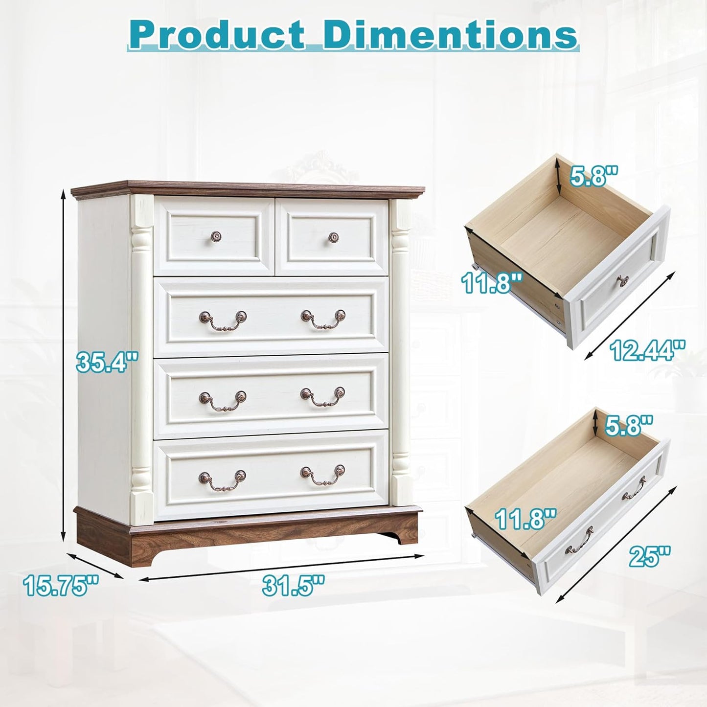 31.5" Farmhouse Sideboard Buffet Cabinet with Storage, Kitchen Buffet Storage Cabinet with 5 Drawers, Modern Wood Accent Sideboard for Living Room, Kitchen, Hallway(Antique White)