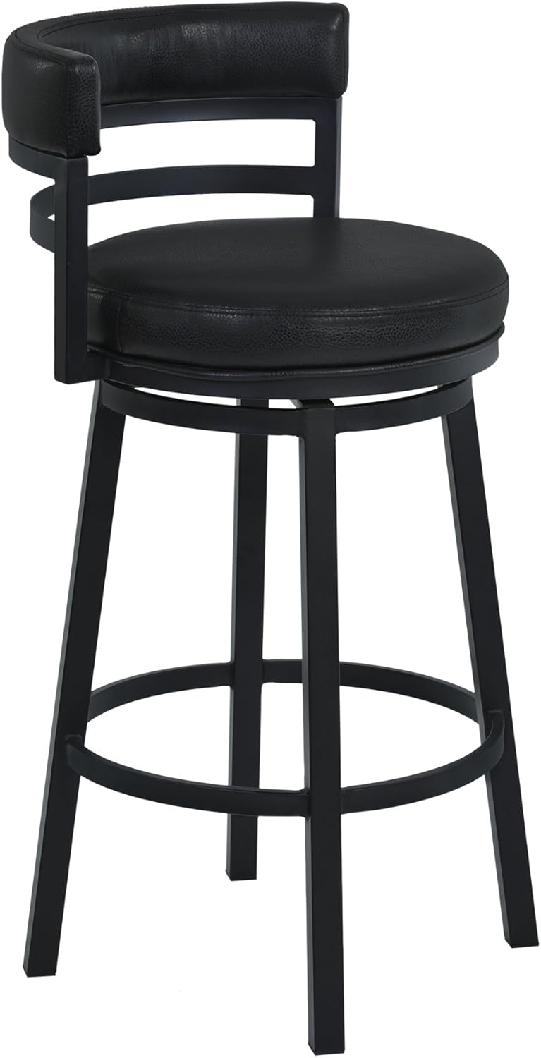 Armen Living Madrid 26" Seat Height Swivel Modern Ford Black Faux Leather and Black Finish Bar Stool for Kitchen Island Counter
