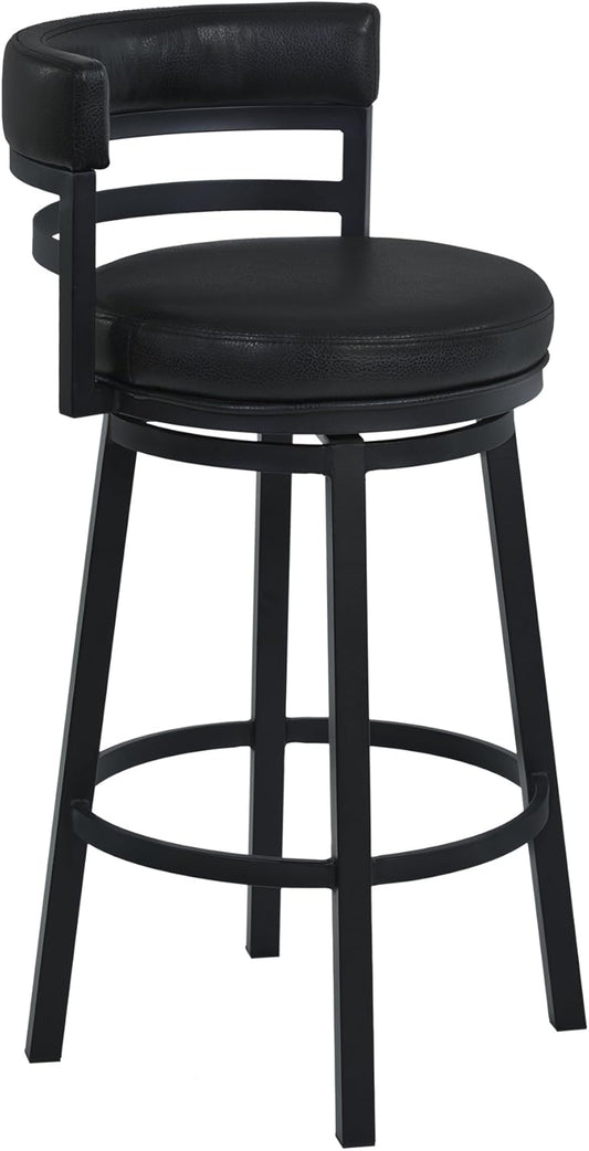 Armen Living Madrid 26" Seat Height Swivel Modern Ford Black Faux Leather and Black Finish Bar Stool for Kitchen Island Counter