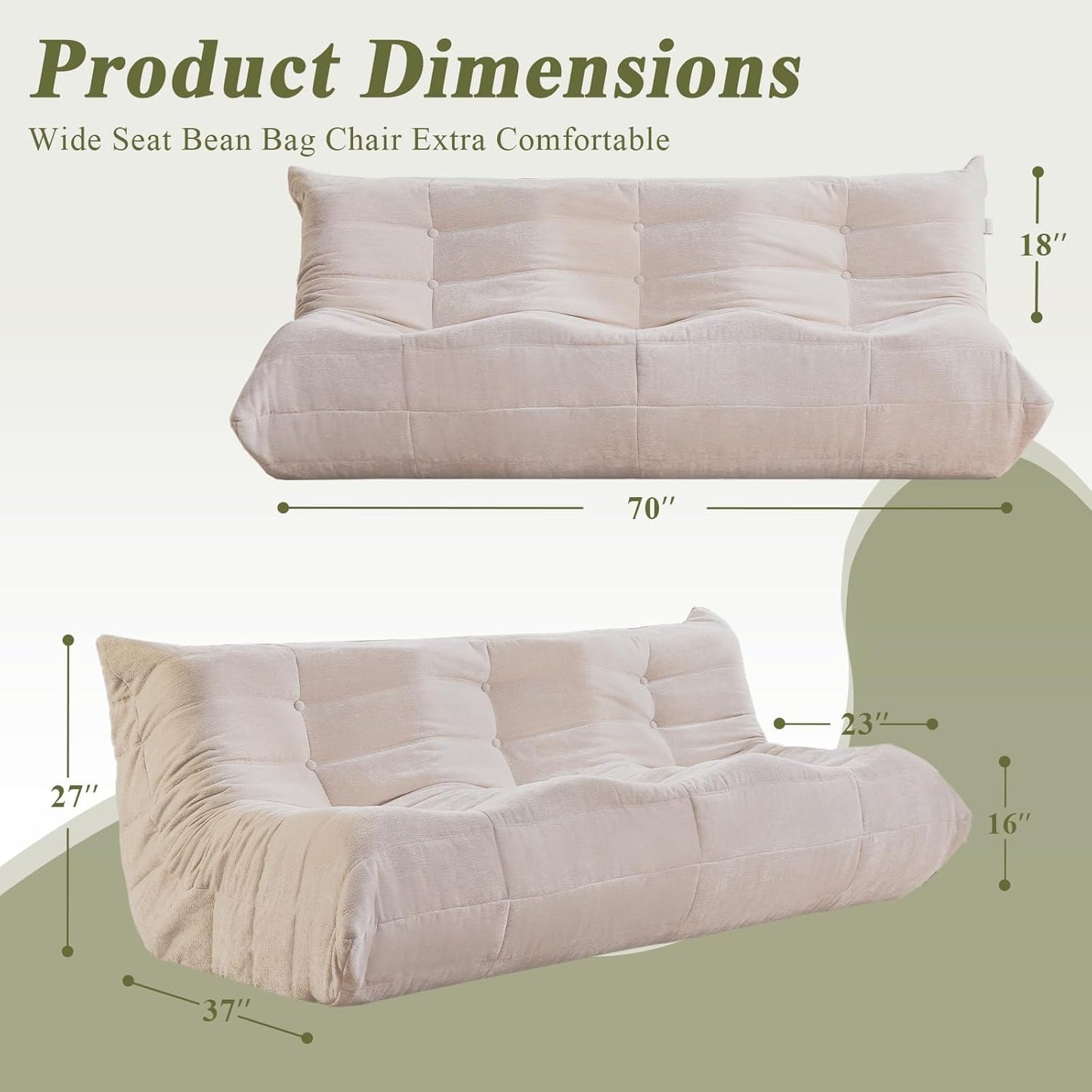 Bean Bag Chair, 3 Seater Fireside Chair Large Bean Bag Sofa for Adults, Memory Foam Chair Gaming Chairs with Comfy Design & Soft Fabric, Lazy Floor Sofa for Living Room, Bedroom, Beige