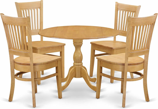East West Furniture DMVA5-OAK-W 5 Piece Modern Dining Table Set Includes a Round Wooden Table with Dropleaf and 4 Kitchen Dining Chairs, 42x42 Inch, Oak