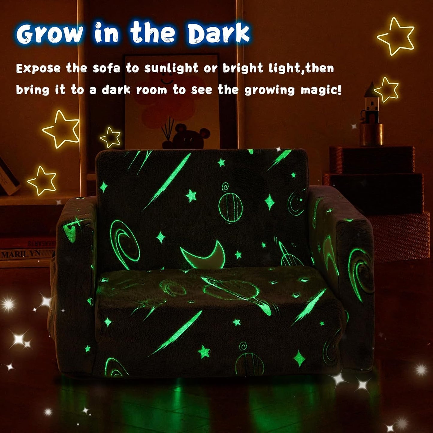 Toddler Chair Comfy,2-in-1 Soft Toddler Couch Fold Out for Kids,Convertible Sofa to Lounger,Gift for Girls and Boys Birthday,Space,Medium