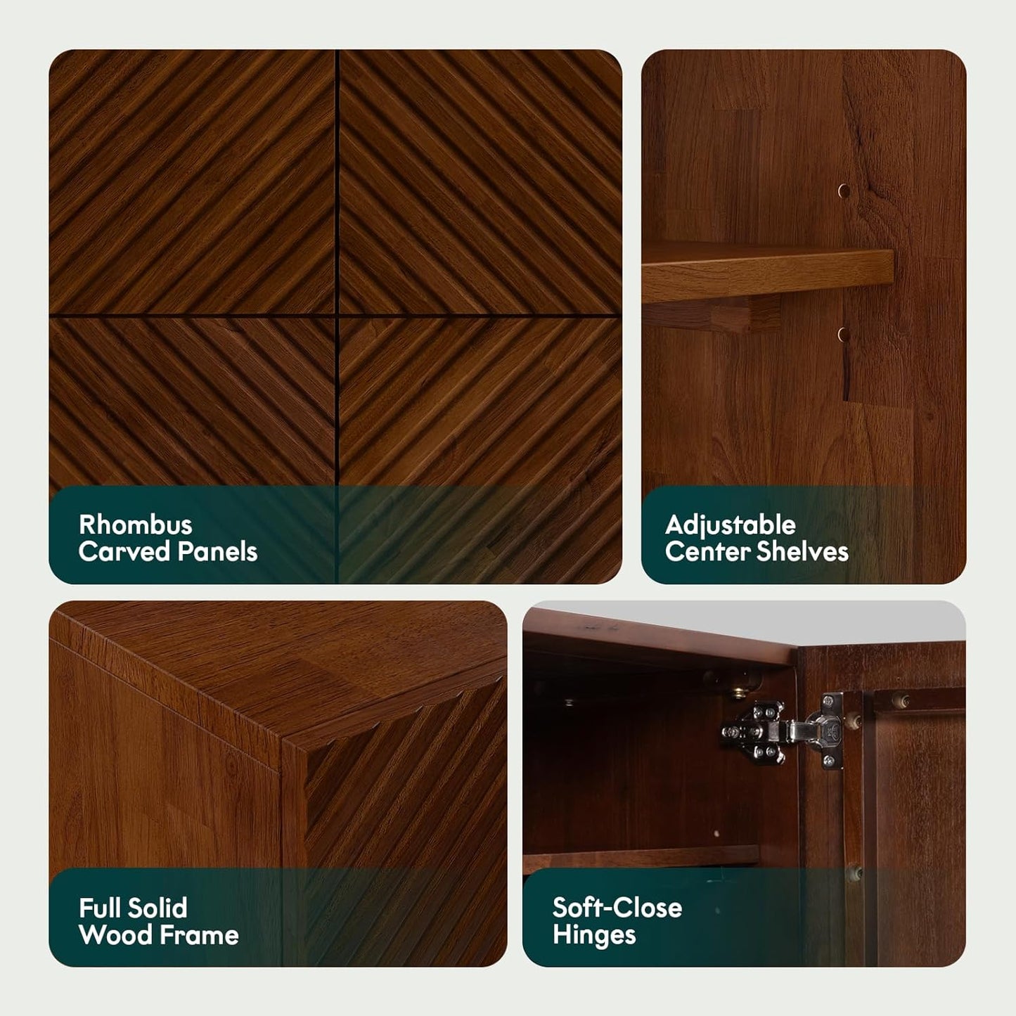 Bme Rhombus Wooden TV Stand with Storage Cabinets – Solid Acacia Wood, Geometric Rhombus Pattern Doors, Scandinavian Modern Entertainment Console with Metal Base