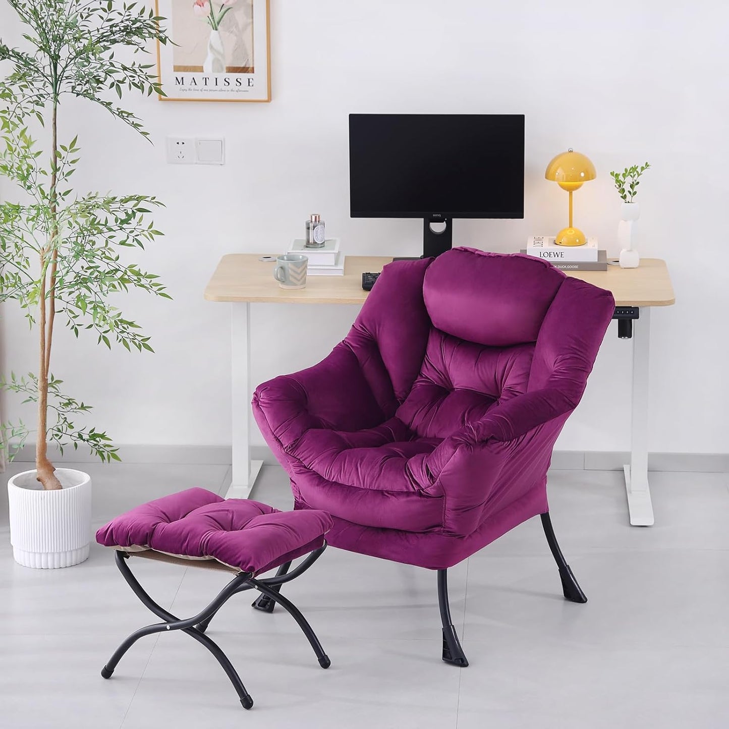 Lazy Chair with Ottoman, Modern Accent Chair Lounge Leisure Sofa Chair with Armrests, Reading Chair and Folding Footstool Set for Living Room, Bedroom, Office