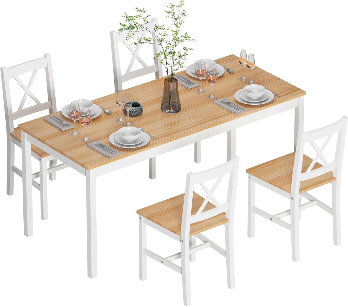 soges 5 Pieces Dining Table Set, Pine Wood Kitchen Table with 4 Chairs, 47.2 inch Kitchen Table Set for 4, Rectangular Dining Table Furniture Set for Kitchen, Dining Room, Dinette, White & Oak