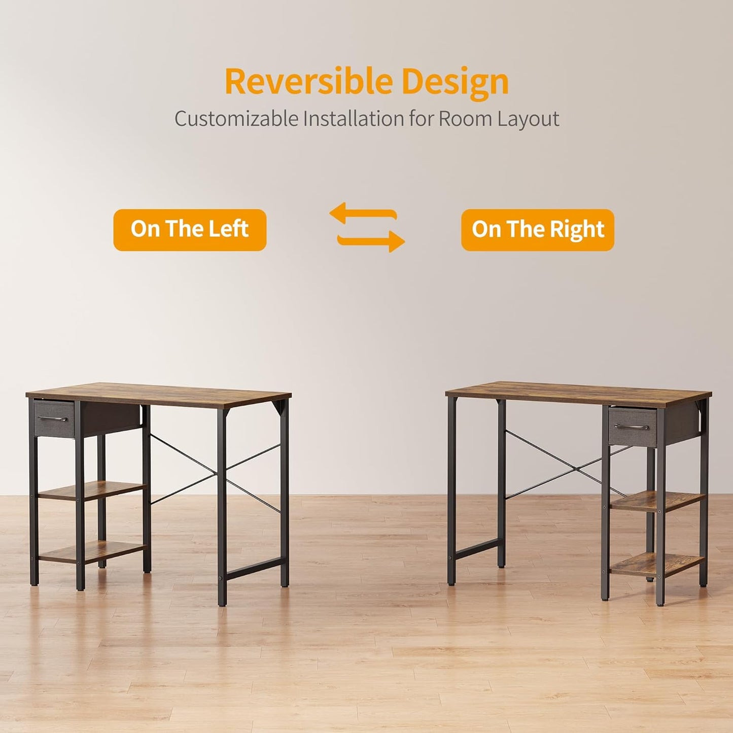 CubiCubi Computer Desk, 35 Inch Small Home Office Desk with Drawer Storage Shelves for Small Space, Writing Study Desk, Rustic Brown