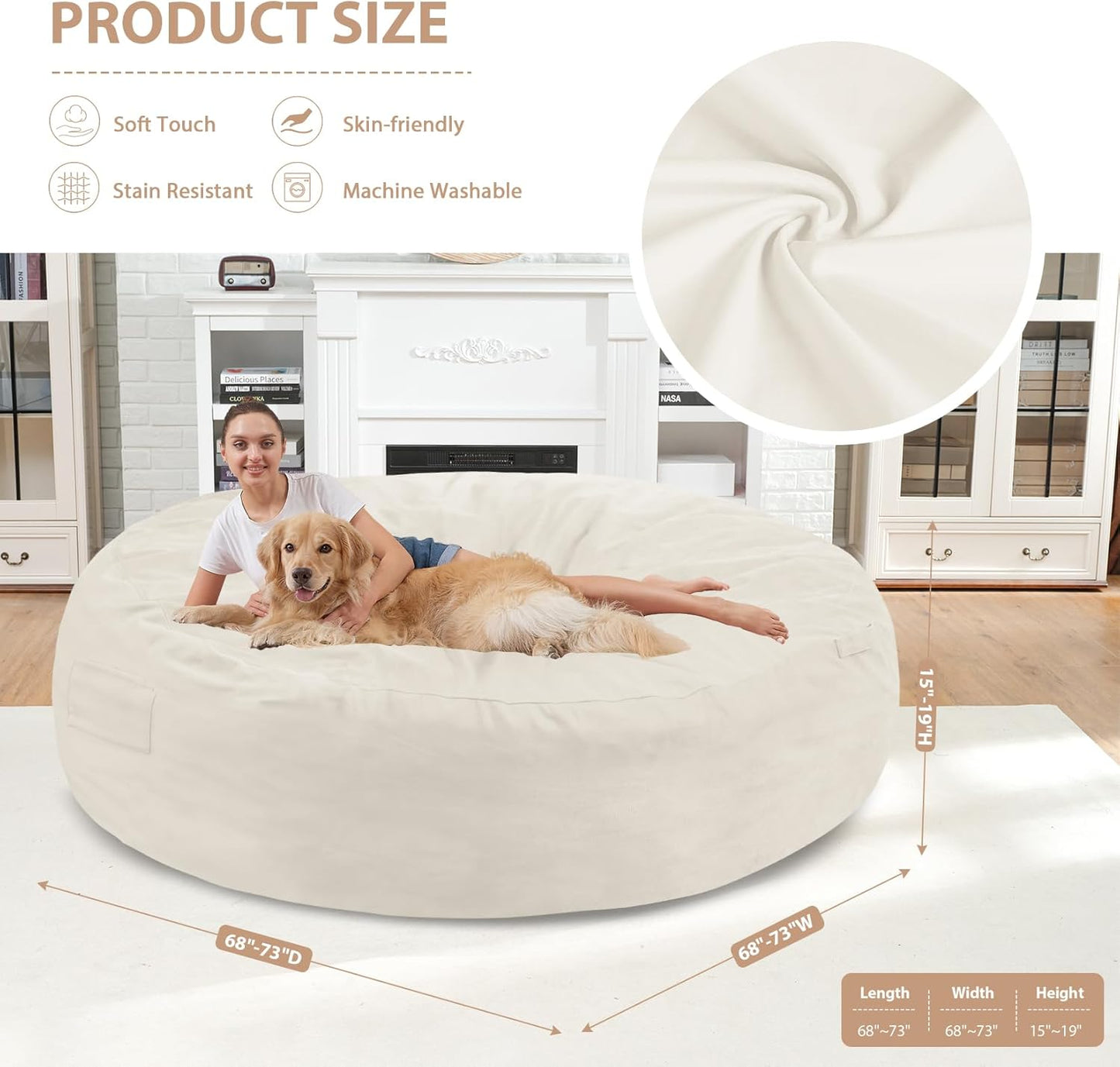 7FT Bean Bag Chair, Large Bean Bag Chairs with Memory Foam Filled, Fluffy Beanbag Sofa with Dutch Velvet Cover, Round BeanBag Chairs for Living Room, Playroom - Beige