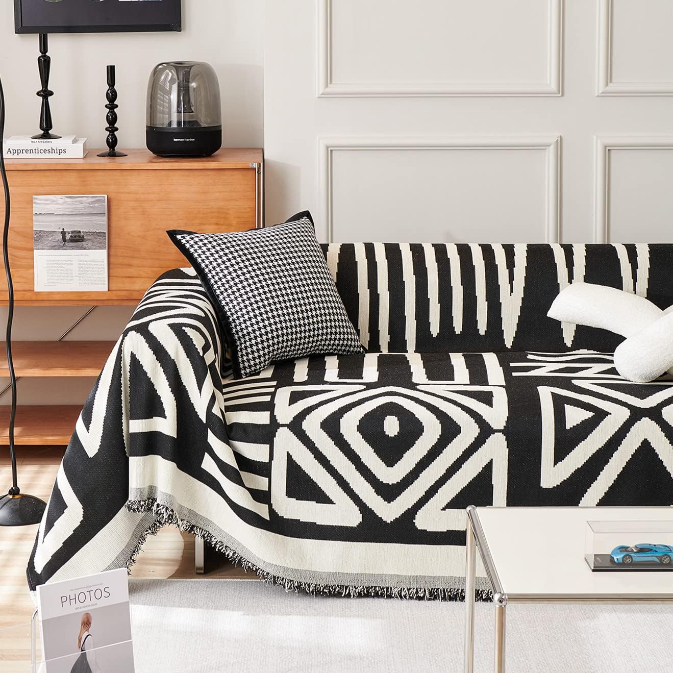 VM VOUGEMARKET Geometric Couch Cover for 3 Cushion Boho Chenille Sofa Cover Dog Proof Universal Sofa Slipcover L Shaped Furniture Cover with Tassels Sectional Couch Cover-71 x 134,Black