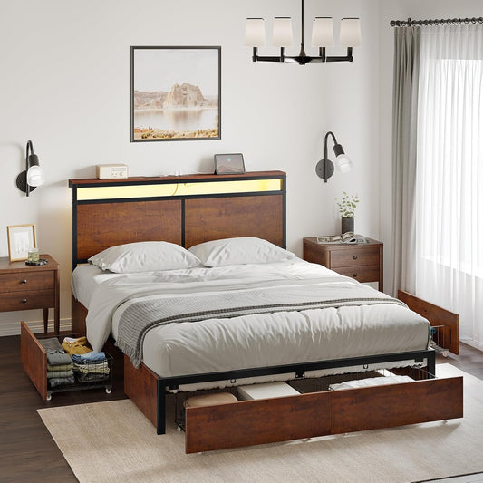 Full Bed Frame with Storage Headboard and 4 Drawers Bed Frame Full Size with Charging Station LED Lights Metal Platform Non-Slip Without Noise No Box Spring Needed