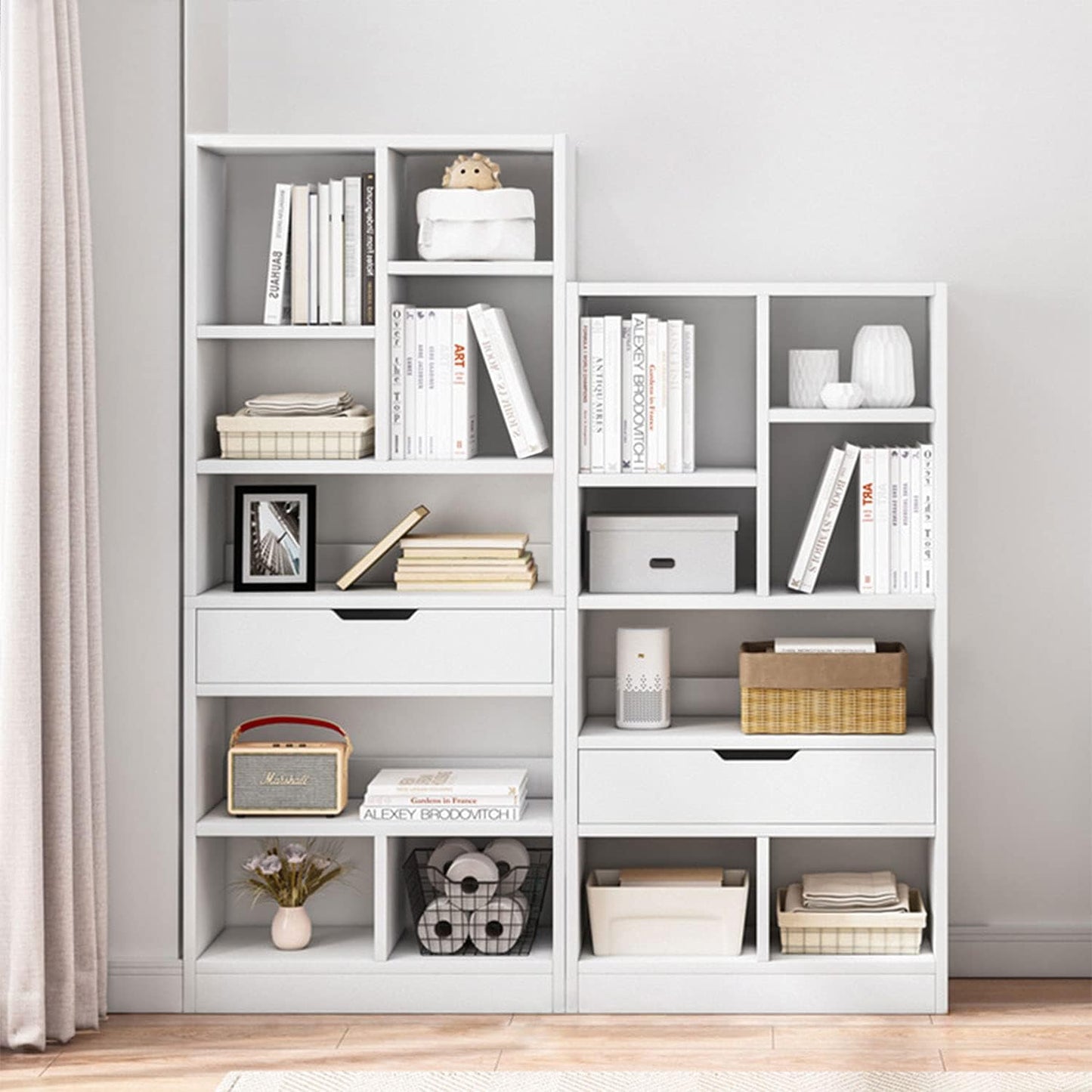 IOTXY Wooden Open Shelf Bookcase - 51 Inches Height Freestanding Display Storage Cabinet Organizer with 7 Cubes and a Drawer, Floor Standing Bookshelf in Warm White