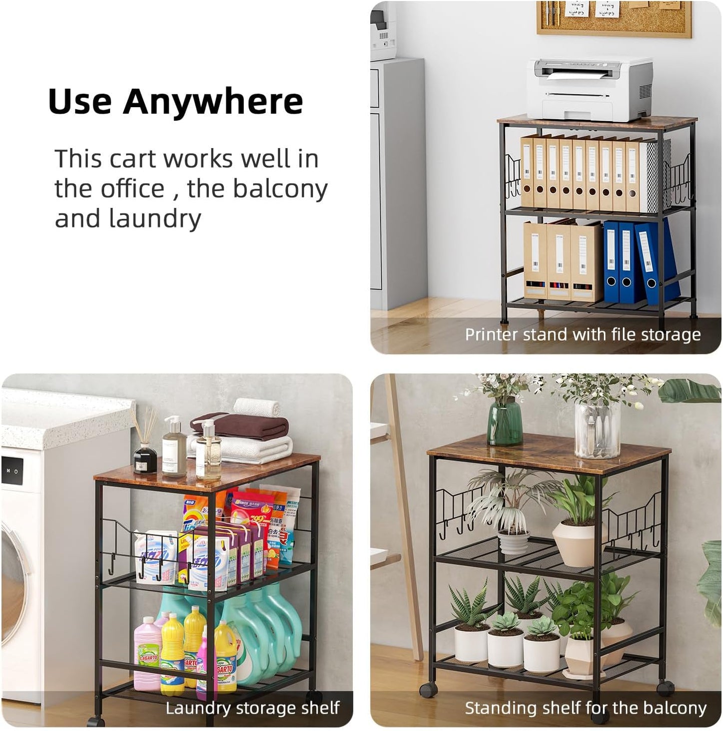 Rolling Kitchen Microwave Cart with Wheels, 3 Tier Microwave Storage Cart with Adjustable Shelves, Coffee Table, Utility Cart for Kitchen, Living Room, Office, Laundry Room