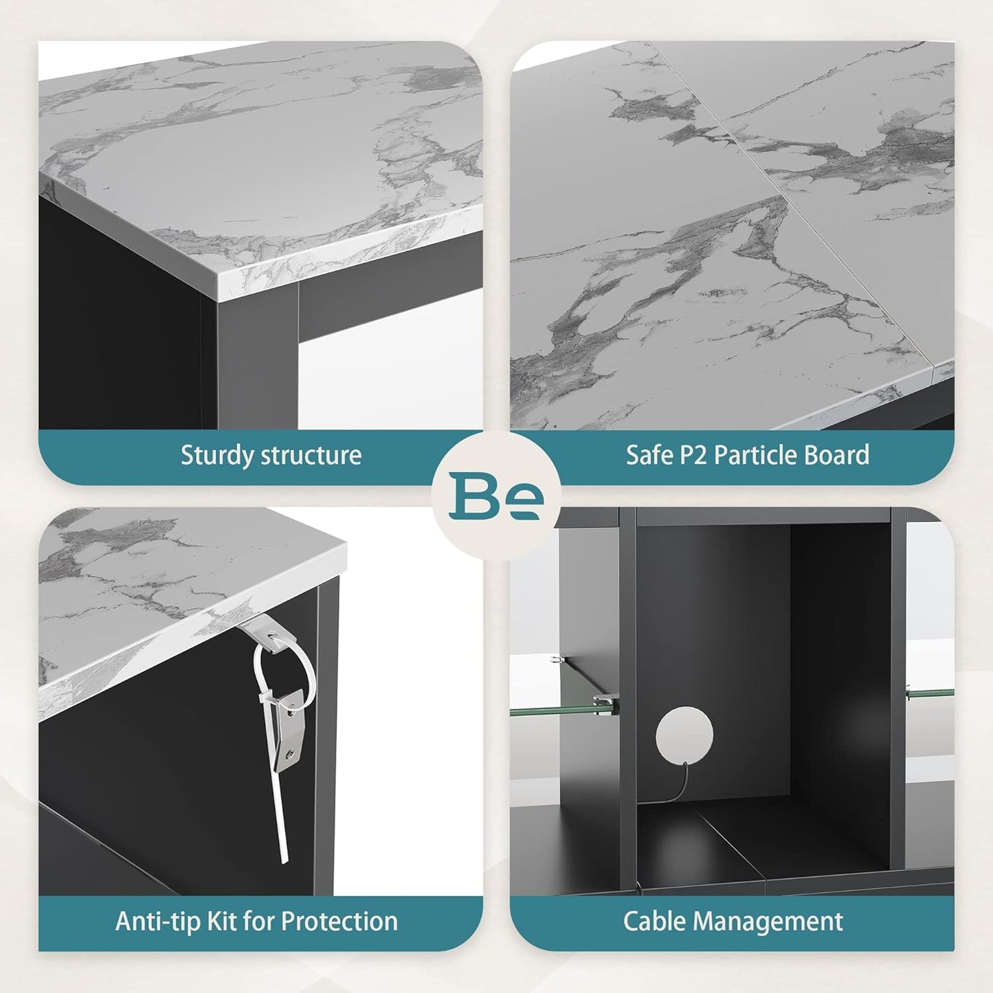 Bestier White Marble TV Stand LED Entertainment Center Gaming TV Stand for 55 Inch TV RGB Television Stand with 2 Adjustable Glass Shelves Xbox PS4 Game Console Cabinet for Living Room