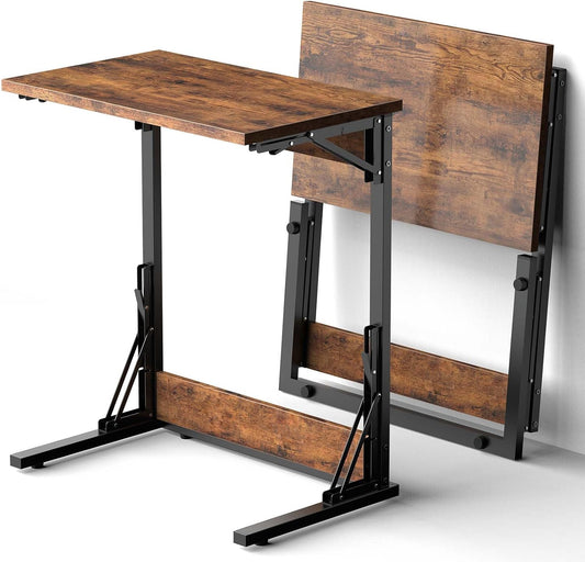 Tatub 24" Folding C Shaped End Table Set of 2, Small Sofa Side Laptop Desk, Couch TV Tray Table for Living Room, Bedroom, Rustic Brown
