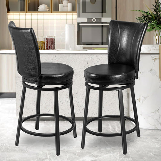 Bar Stools Set of 2, Counter Height Swivel Bar Chair with High Backrest, 24 inch Round Seat Barstools for Kitchen Island, Pub, Metal Base, Upholstered PU Leather Dining Chairs Black