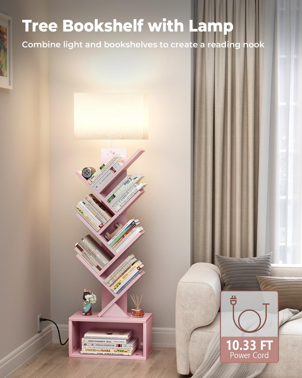 6 Tier Tree Bookshelf with Light, Narrow Bookcase Tower, Tall Floor Standing Book Shelf Organizer with Storage Cabinet for Living Room, Bedroom and Home Office, Pink