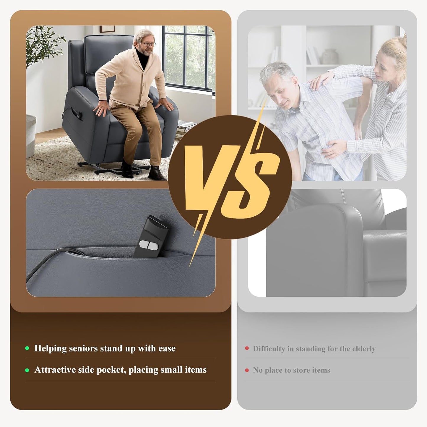 COLAMY Power Lift Recliner Chair for Elderly – Electric Leather Recliner with Remote Control, Ergonomic Backrest, Spacious Seat, Side Pocket & 2-Button Operation, 300lbs Capacity (Grey)