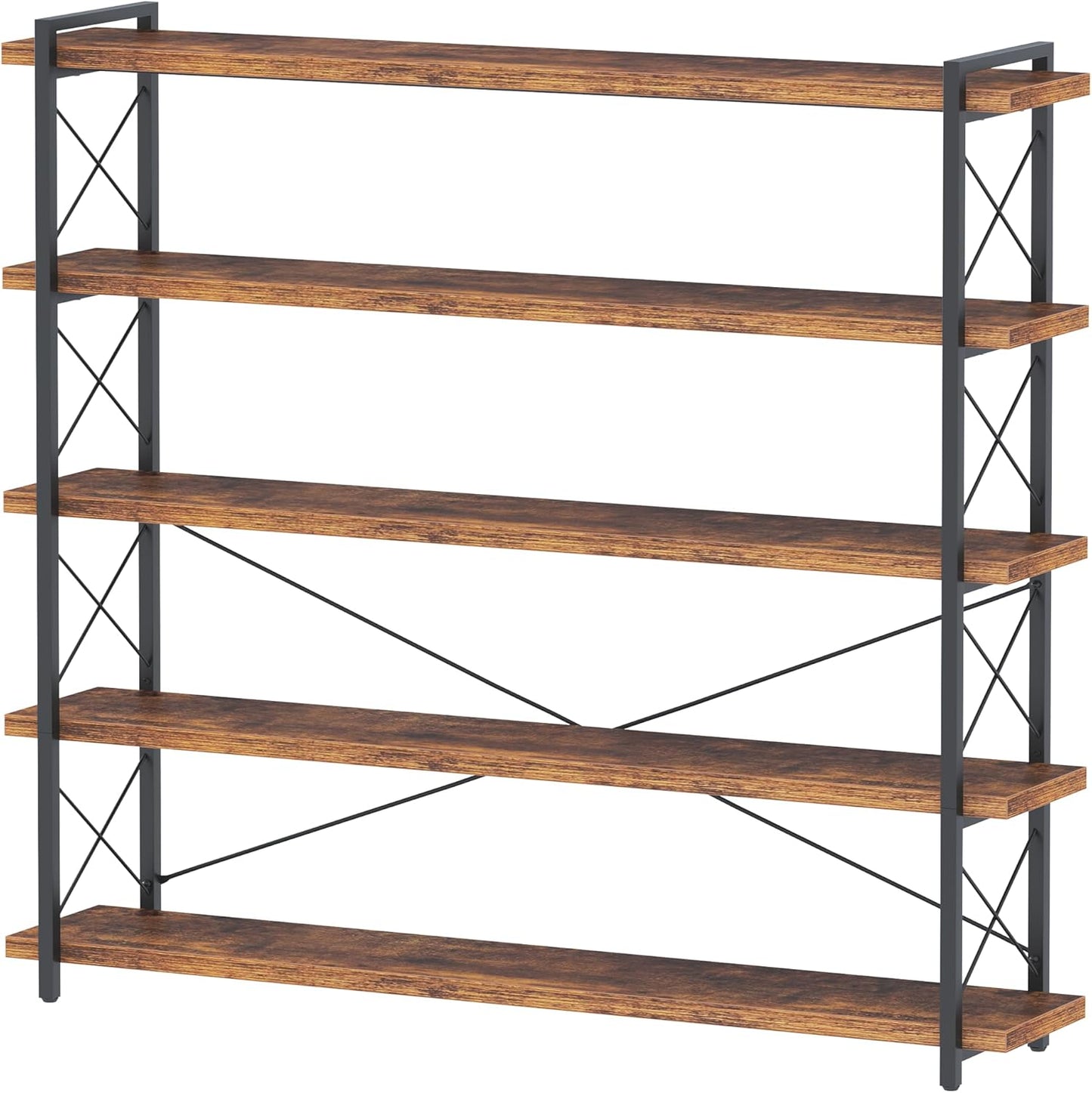 HCHQHS Large Bookshelf, 5-Tier Long Industrial Bookcase, Rustic Brown Book Shelf, Freestanding Horizontal Bookshelves with Metal Frame