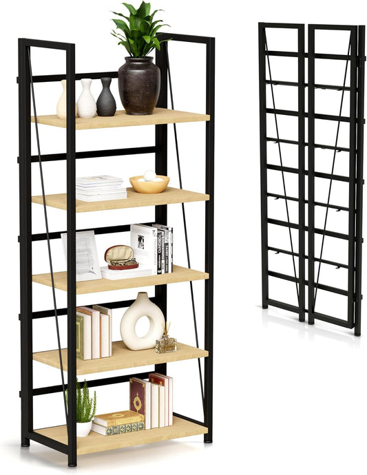 5 Tier Wood Book Shelf Organizer, No Assembly Bookshelf for Bedroom Living Room Office, Rustic Foldable Book Case, Tall Bookshelves, Open Book Shelves, Decorative Folding Shelf Display, Tall Bookcase