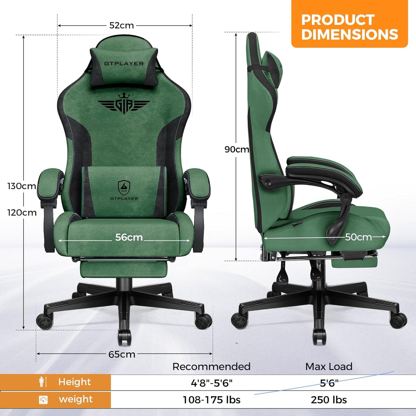 GTPLAYER Gaming Chair Fabric with Footrest, Big and Tall Game Chair High Back Computer Office Chair with Lumbar Support for Adults, Ergonomic Swivel Games Chair with Cushion Gaming Green