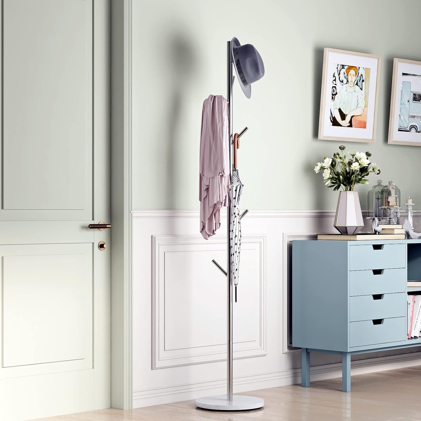 Silver Coat Racks, Metal Coat Rack Freestanding with Hooks, Entryway Coat Rack Stand, Coat Racks with Marble Base, Coat Tree for Hanging Clothes, Hats, Bags