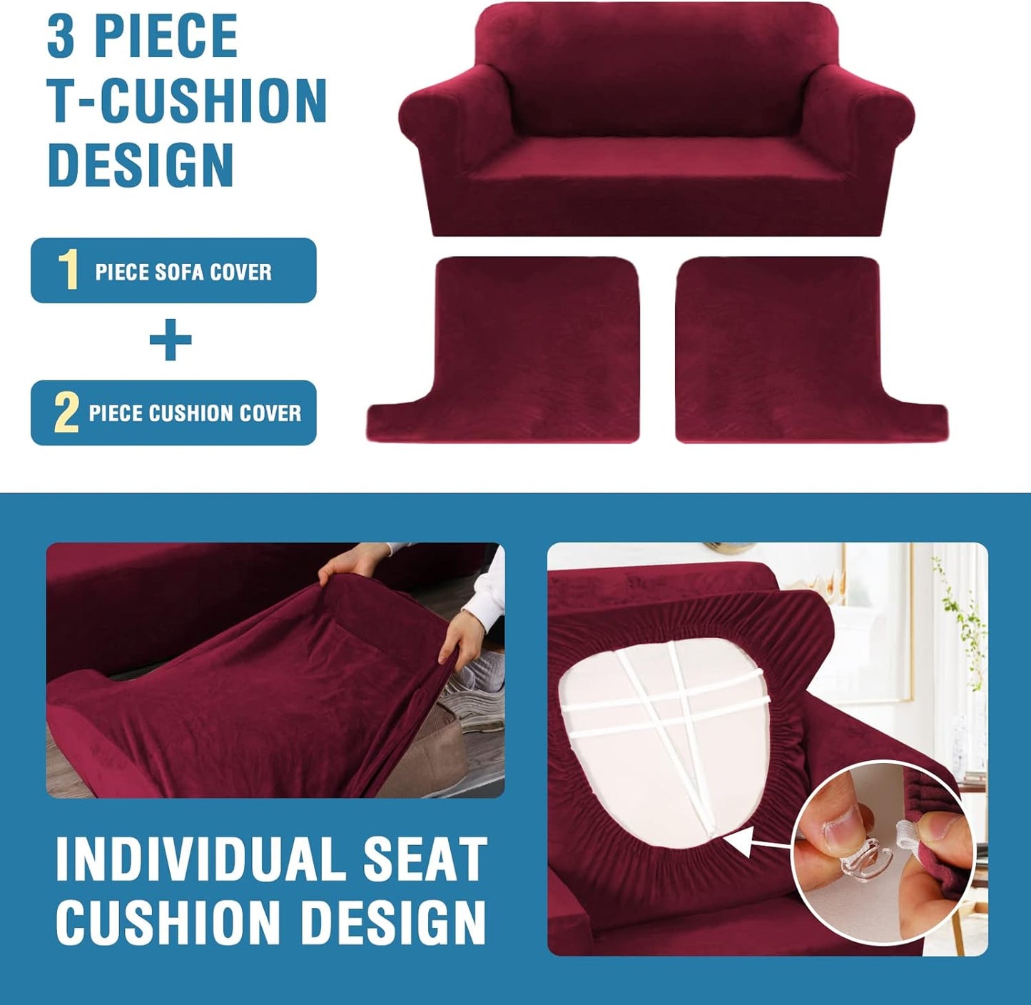 H.VERSAILTEX Sofa Cover 3 Piece T Cushion Sofa Slipcovers Thick Velvet Couch Cover Furniture Protector Stretch T Cushion Sofa Covers for 2 Cushion Couch with 2 Individual T Cushion Covers, Burgundy