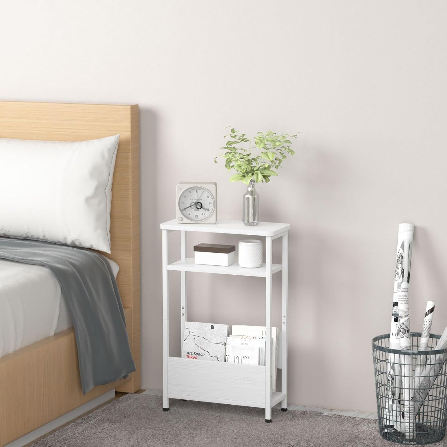 7.1" Narrow Side Table for Small Spaces, 3 Tier Small End Table with Magazine Holder, Slim/Skinny Nightstand/Bedside Table for Living Room, Bedroom, 15.4" L x 24.2" H, White