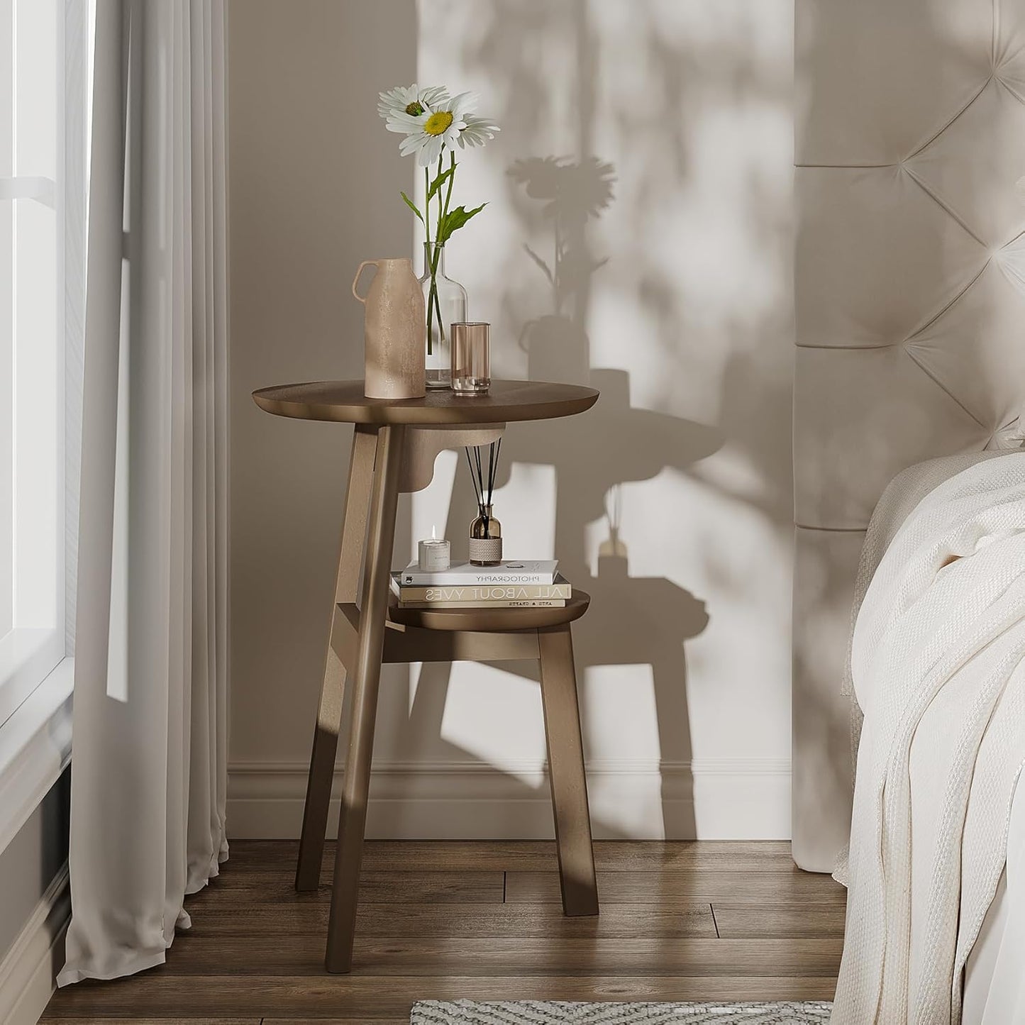 ChooChoo Round End Table for Small Spaces, Narrow Side Table, Accent Table Night Stand with 2 Tier Shelf for Bedroom and Living Room, Walnut