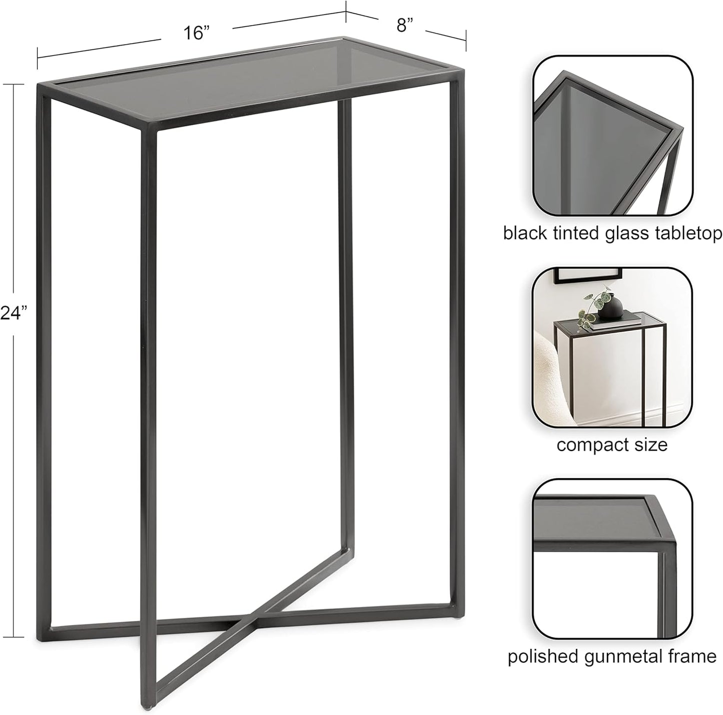 Kate and Laurel Jaspur Modern Narrow End Table, 16 x 8 x 24, Tinted Glass and Gray Metal, Decorative Contemporary Glass and Metal Side Table for Use as Bedroom Nightstand or Living Room Accent