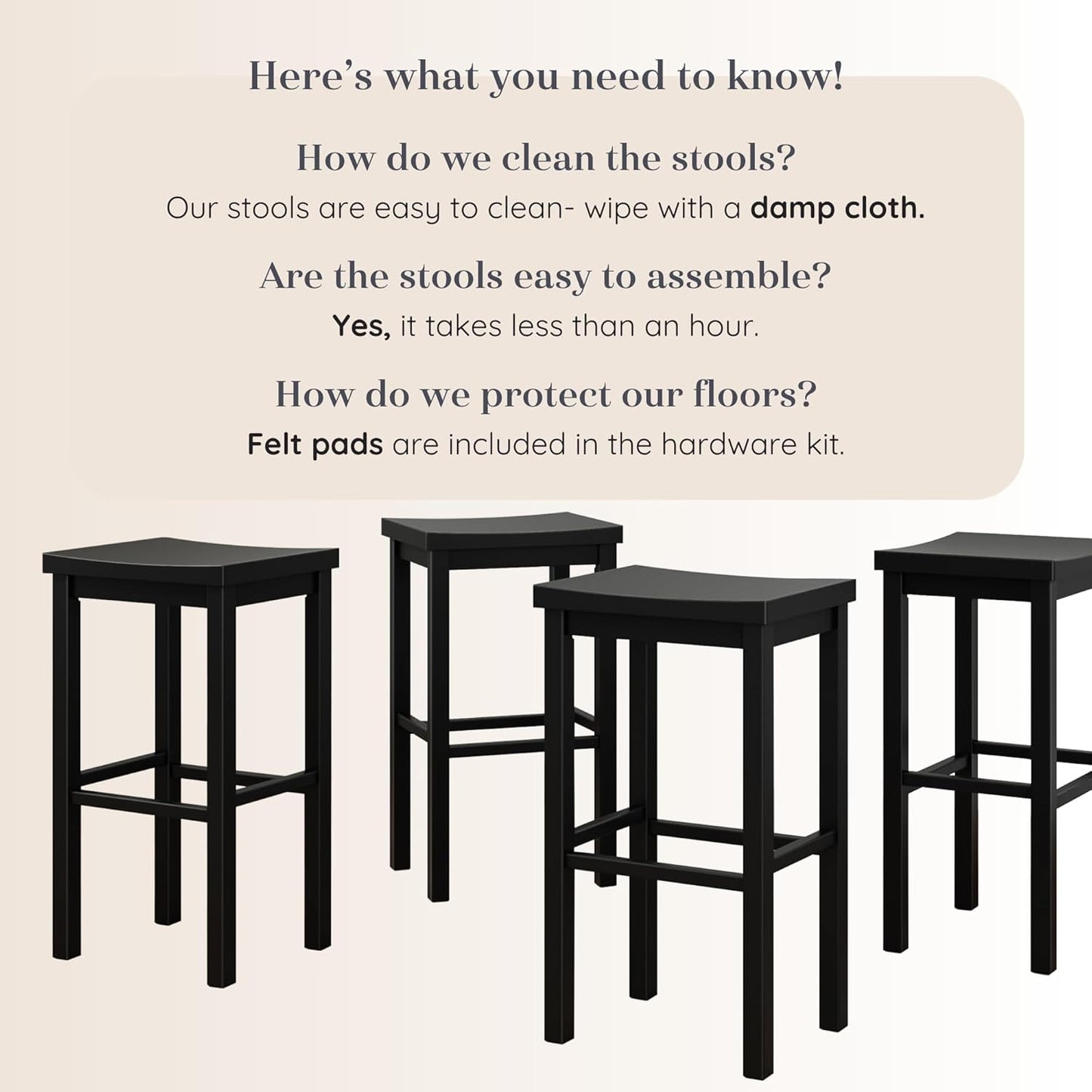Grain & Grove Smith Collection Set of 4 Solid Wood Bar Stools, 30 inch Saddle-Seat Bar Chairs, Backless, Heavy-Duty Construction, Footrest Support, for Kitchen Islands, Home Bars, and Counters, Black