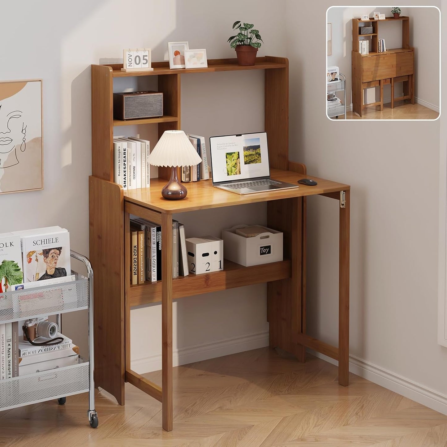 Bamboo Folding Desk with Storage Rack Mid Century Modern Desk for Home Office Bedroom Small Spaces, Brown