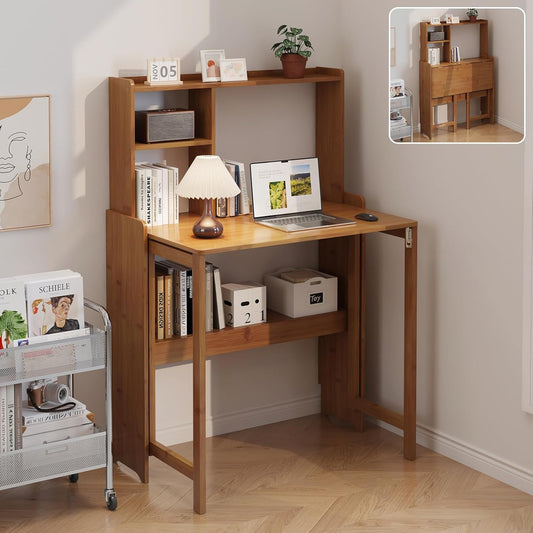 Bamboo Folding Desk with Storage Rack Mid Century Modern Desk for Home Office Bedroom Small Spaces, Brown