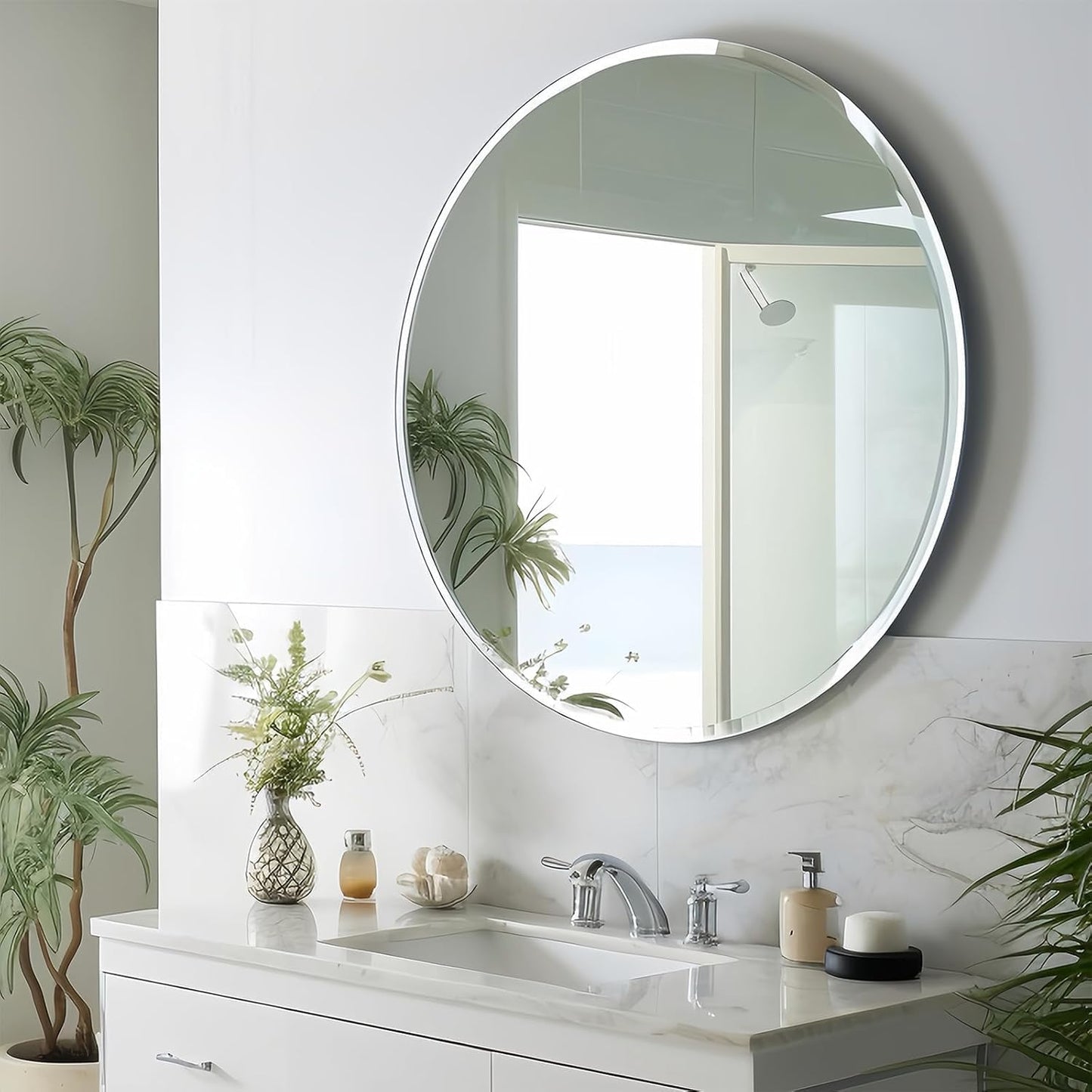 KOHROS Round Bathroom Mirror 32" x 32" Large Circle Mirror for Bathroom, Frameless Beveled Edge Mirror for Wall, Anti-Rust, Tempered Glass, Hallway & Home Decor (Silver)