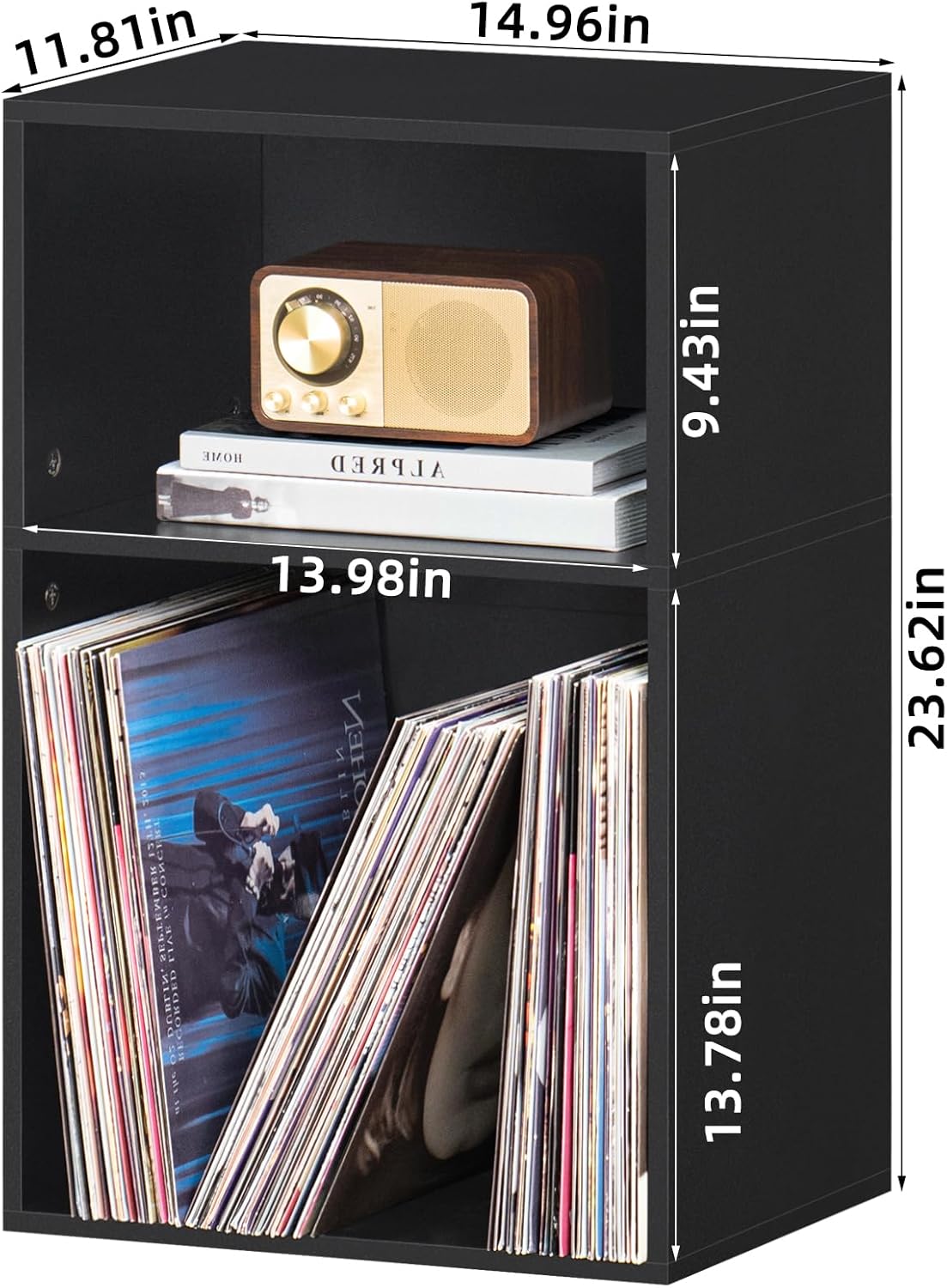 YAHARBO 2 Cube Bookshelf, Black Record Player Stand with Vinyl Storage Up to 100 Albums, Horizontal Book Shelf, Small Cubby Bookcase with Storage Organizer, Turntable Stand for Living Room, Bedroom
