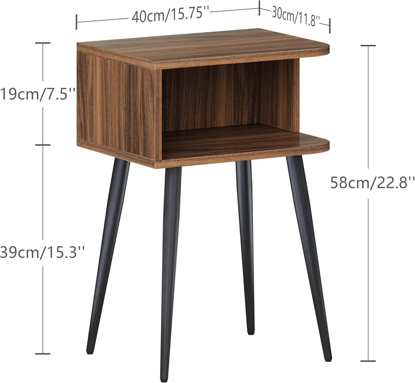 Nightstand Set of 2, Small Bed Side Table for Small Spaces, Mid Century Modern Nightstand End Table with Open Storage, Side Table for Bedroom Living Room, Walnut Brown MLBZ20R-2