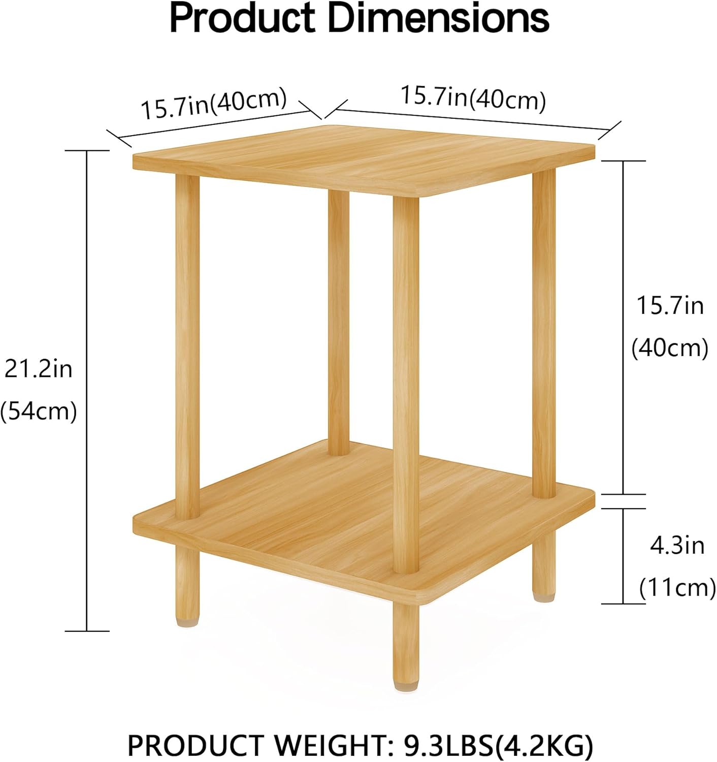2-Tier End Table,Multi-Layer Side Cabinet with 4 Solid Wood Sturdy Legs for Living Room and Bed Room, Minimalist Modern (15.8"*15.8"*21")