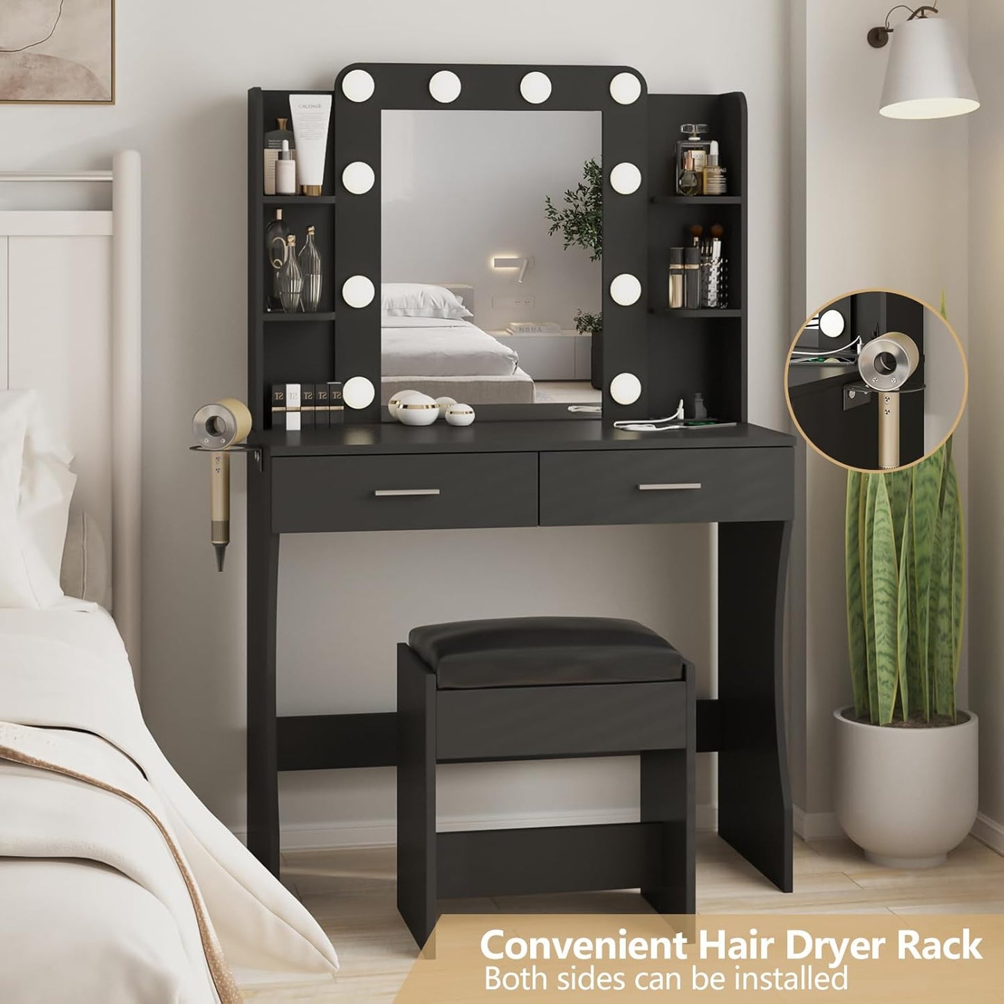 Vabches Vanity Desk with Lights,Makeup Vanity with Power Strip,Dressing Table Set with 2 Large Drawers,Vanity Mirror 3 Lighting Color Adjustable,Black