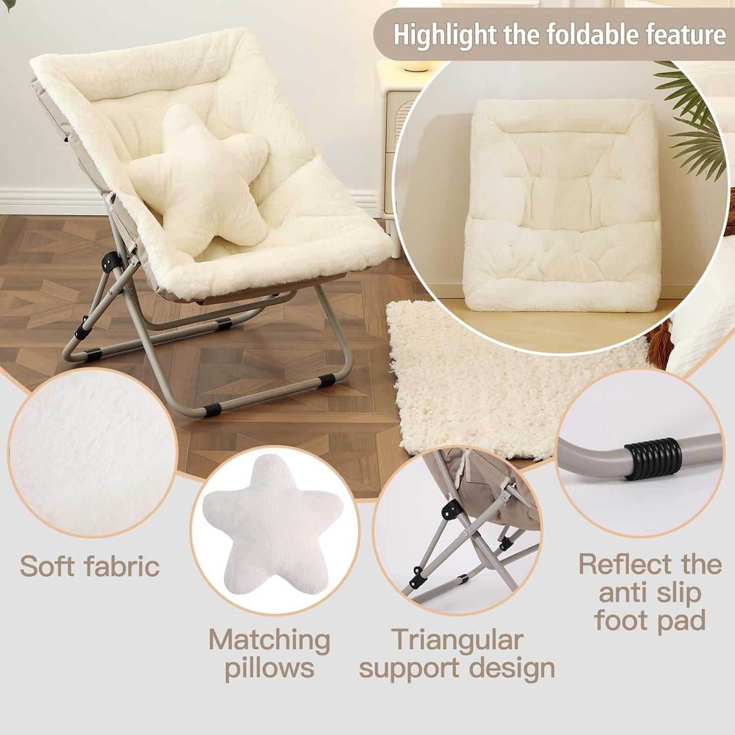 Welnow Comfy Saucer Chair, Oversized Folding Reading Chair for Adults with Throw Pillow Soft Faux Fur Lounge Chair for Bedroom Furry Accent Chair for Living Room, Dorm Rooms, Beige