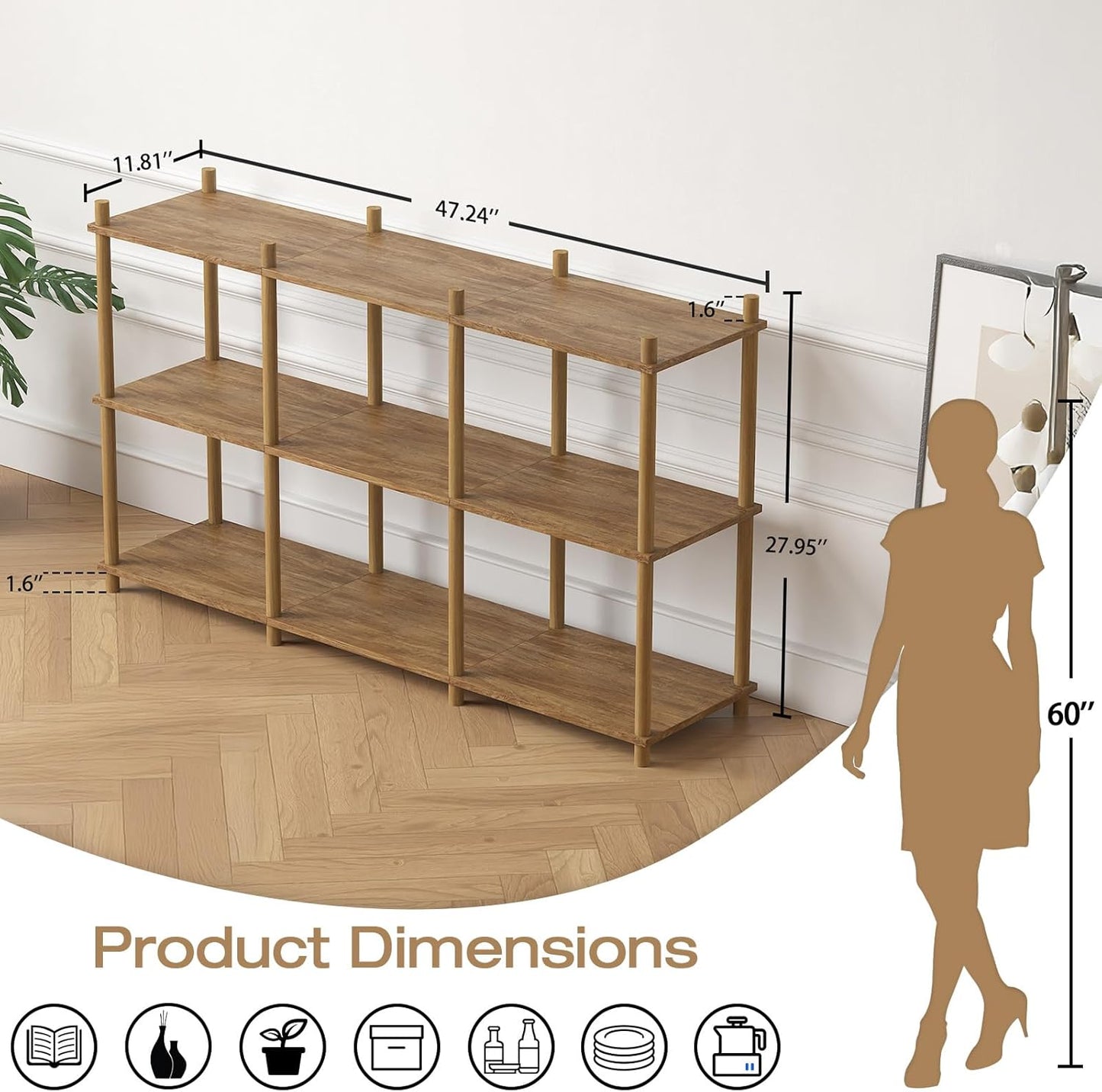 YGYQZ 3 Tier Short Book Shelf, 6 Cube Storage Shelf Organizer Bookshelf with Open Back, Long Horizontal Book Shelves for Office, Living Room, Bedroom, Rustic Brown