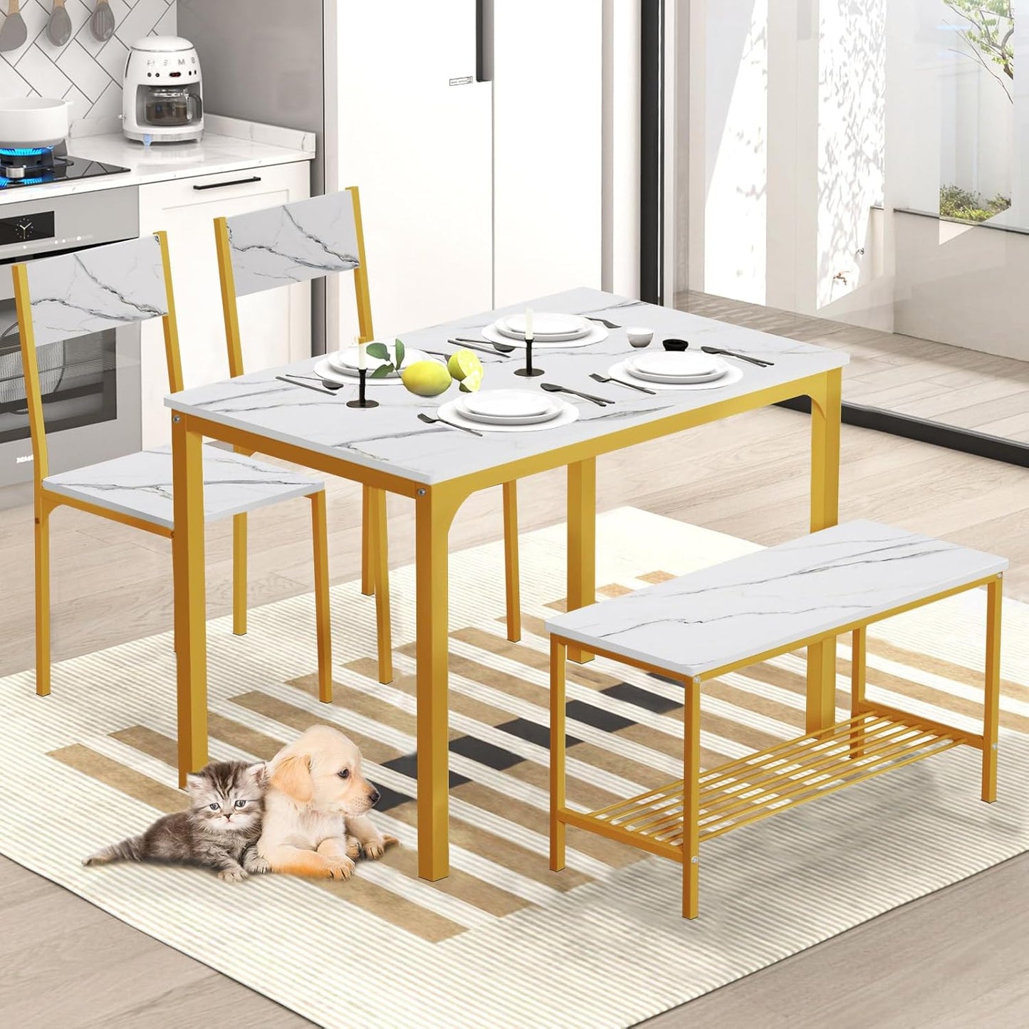SogesHome Kitchen Table Set for 4, Compact Dining Table Chair Set with Bench, 4 Piece Table with Built-in Storage Racks, Metal Frame, for Apartment, Restaurant, Gold