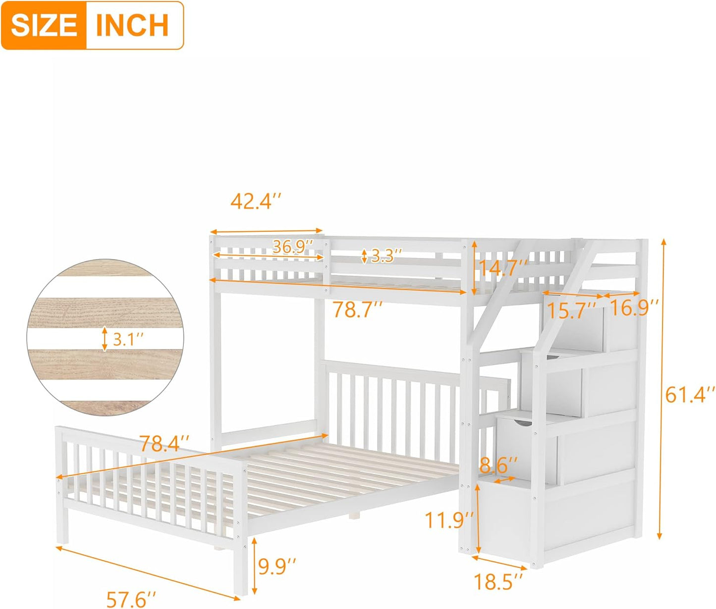 Twin Over Full Wood Loft Bed with Staircase,High Guardrails and Ladder-Handrails,Ladder W/ 3 Storage Grids,Bedroom Furniture for Children,Teens,Adults,White