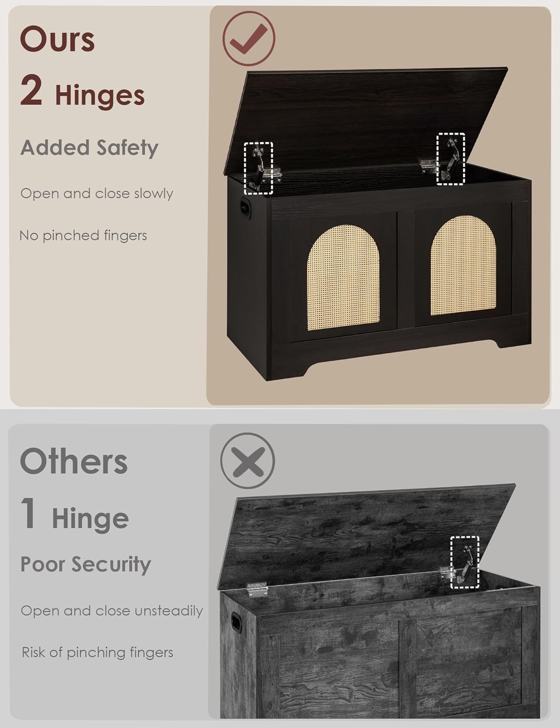 DINZI LVJ Storage Chest, 31.5" Rattan-Like Toy Box with 2 Safety Hinges, Wooden Entryway Storage Bench with Flip-Top, Storage Trunk for Living Room, Bedroom, Easy Assembly, Espresso and Natural