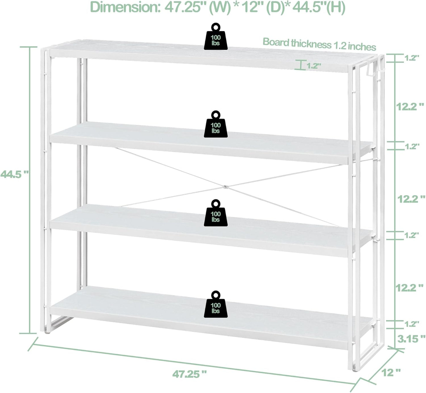 HCHQHS Bookshelf, 4-Tier Industrial Bookcase, White Open Book Shelf, Freestanding Tall Bookshelves with Metal Frame