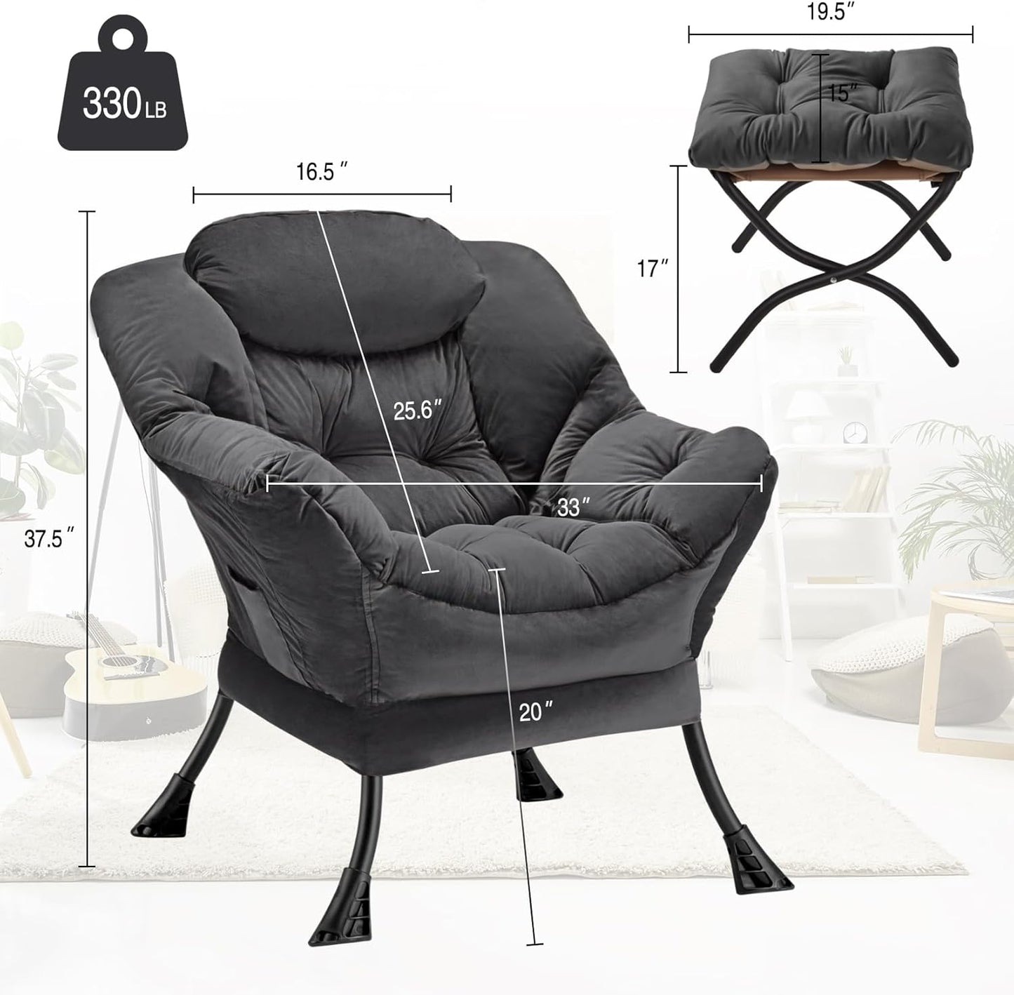 Lazy Chair with Folding Ottoman Modern Large Accent Chair,Contemporary Lounge Leisure Sofa Chair with Armrests Upholstered Sofa Armchair Reading Chair for Bedroom,Dorm & Office (Dark Grey-f)
