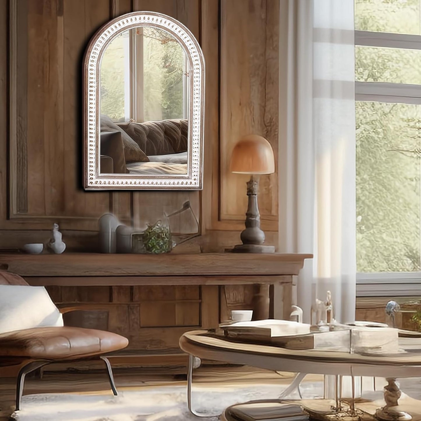 36x24 Boho Wooden Arched Wall Mirror with Beaded, Rustic Farmhouse Decorative Arch Mirrors for Bathroom Vanity, Living Room, Entryway, or Foyer