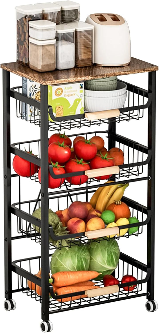 Black 5-Tier Fruit & Veggie Storage Cart on Wheels - Pull-Out Kitchen Organizer with 3 Tiers for Potatoes, Onions, & More