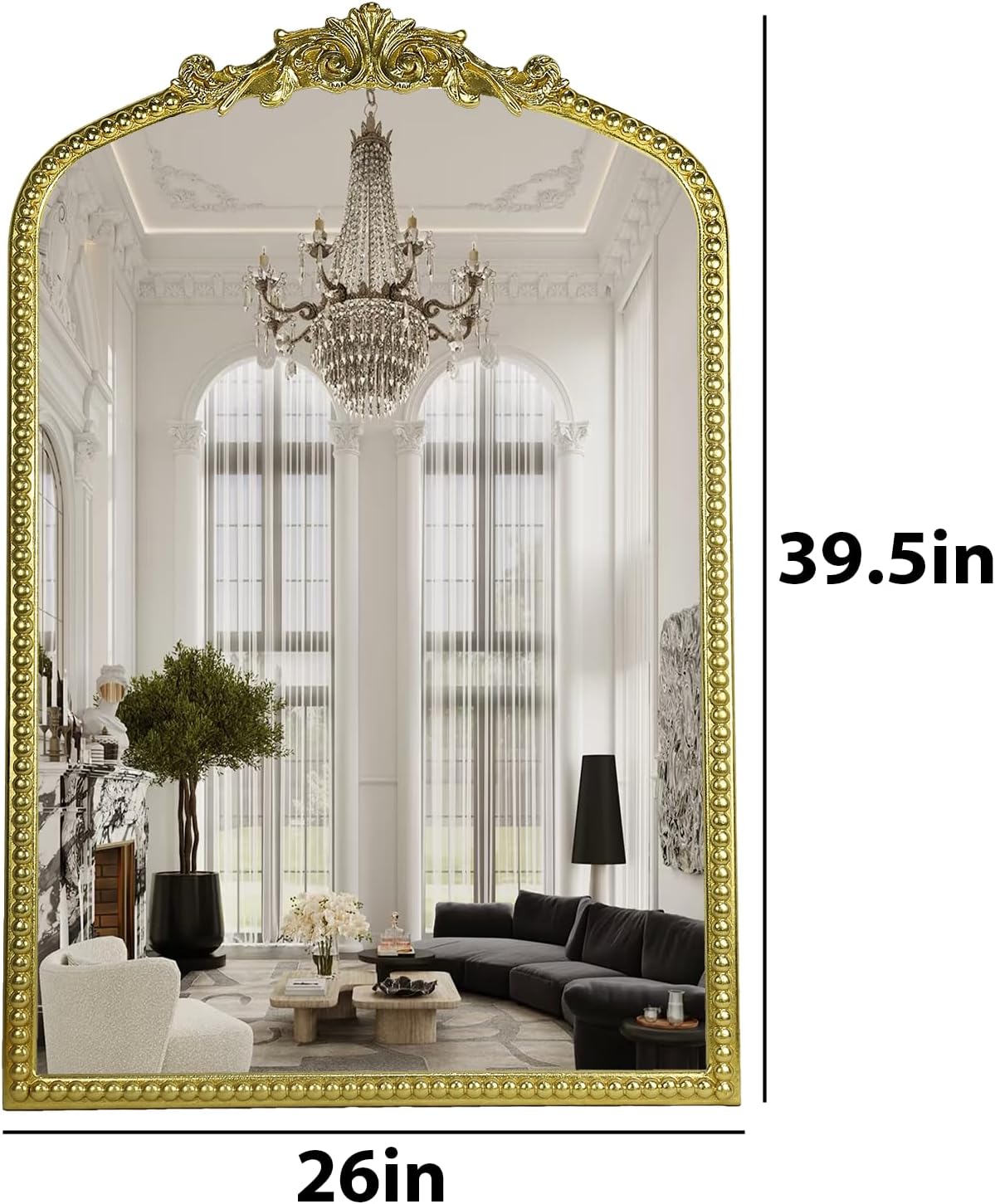 Gold Vintage Mirror, Arched Antique Mirror with Ornate Frame for Bathroom Wall, Living Room, Fireplace, 39.5x26 Inch.